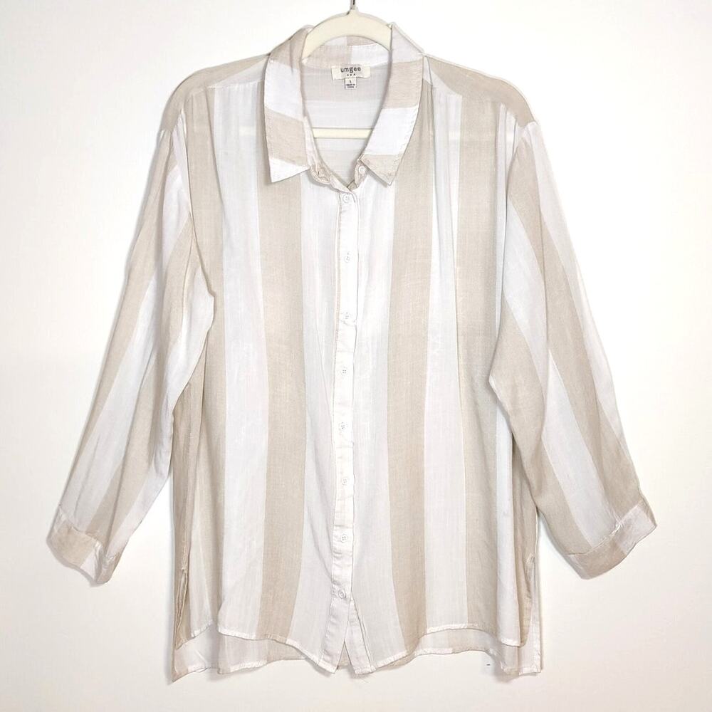 Umgee Tan White Stripe Drapey Blouse Semi Sheer Soft Coastal Lagenlook L